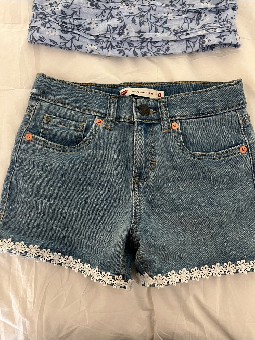Levi's Blue Denim Girlfriend Shorts with White Lace Trim
